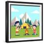 Hiking Kids at the Campfire near their Camping Tent at the Mountain Foots. Boy Brings Some Firewood-Iconic Bestiary-Framed Premium Giclee Print