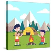 Hiking Kids at the Campfire near their Camping Tent at the Mountain Foots. Boy Brings Some Firewood-Iconic Bestiary-Stretched Canvas
