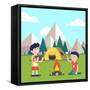 Hiking Kids at the Campfire near their Camping Tent at the Mountain Foots. Boy Brings Some Firewood-Iconic Bestiary-Framed Stretched Canvas