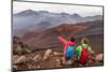 Hiking Travel Vacation in Maui Volcano, Hawaii. USA Travel Woman with Backpack Pointing at Haleakal-Maridav-Mounted Photographic Print