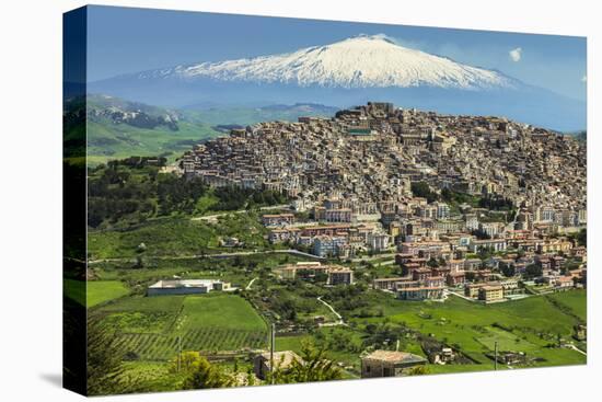 Hill Town with Backdrop of Snowy Volcano Mount Etna, Gangi, Palermo Province-Rob Francis-Stretched Canvas