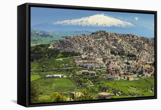 Hill Town with Backdrop of Snowy Volcano Mount Etna, Gangi, Palermo Province-Rob Francis-Framed Stretched Canvas