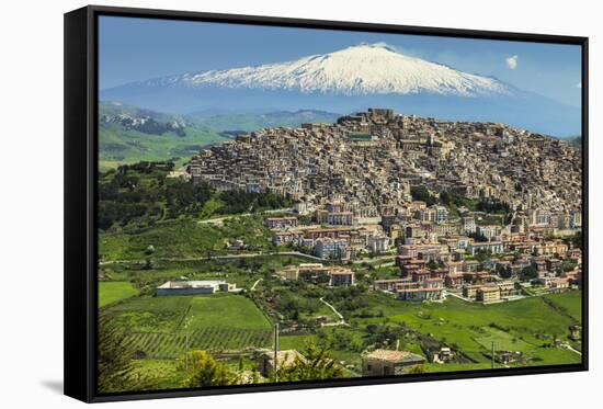 Hill Town with Backdrop of Snowy Volcano Mount Etna, Gangi, Palermo Province-Rob Francis-Framed Stretched Canvas