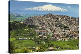 Hill Town with Backdrop of Snowy Volcano Mount Etna, Gangi, Palermo Province-Rob Francis-Stretched Canvas