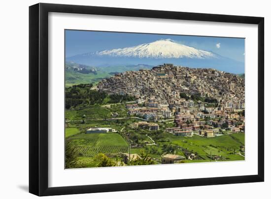 Hill Town with Backdrop of Snowy Volcano Mount Etna, Gangi, Palermo Province-Rob Francis-Framed Photographic Print