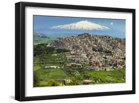 Hill Town with Backdrop of Snowy Volcano Mount Etna, Gangi, Palermo Province-Rob Francis-Framed Photographic Print