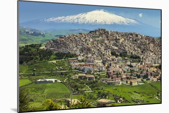 Hill Town with Backdrop of Snowy Volcano Mount Etna, Gangi, Palermo Province-Rob Francis-Mounted Photographic Print