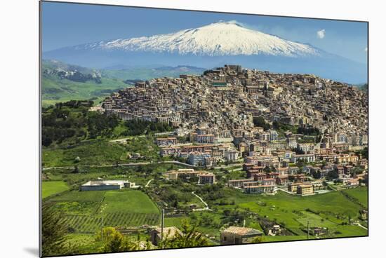 Hill Town with Backdrop of Snowy Volcano Mount Etna, Gangi, Palermo Province-Rob Francis-Mounted Photographic Print