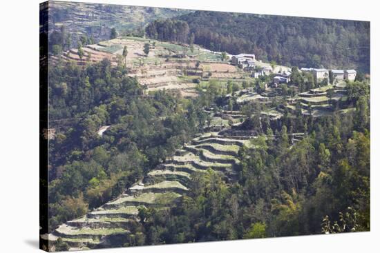 Hillside Village and Terraced Fields, Dhulikhel, Kathmandu Valley, Nepal, Asia-Ian Trower-Stretched Canvas