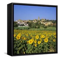 Hilltop Village Above Sunflower Field, Pals, Catalunya (Costa Brava), Spain-Stuart Black-Framed Stretched Canvas