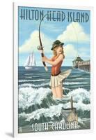 Hilton Head Island, South Carolina - Pinup Surfer Fishing-Lantern Press-Framed Art Print