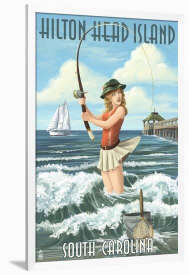 Hilton Head Island, South Carolina - Pinup Surfer Fishing-Lantern Press-Framed Art Print