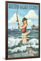 Hilton Head Island, South Carolina - Pinup Surfer Fishing-Lantern Press-Framed Art Print