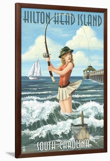 Hilton Head Island, South Carolina - Pinup Surfer Fishing-Lantern Press-Framed Art Print