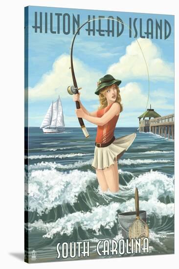 Hilton Head Island, South Carolina - Pinup Surfer Fishing-Lantern Press-Stretched Canvas