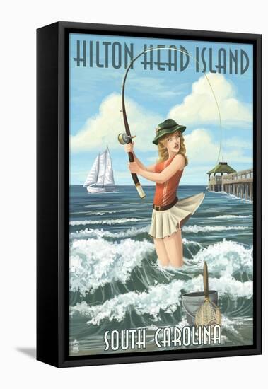 Hilton Head Island, South Carolina - Pinup Surfer Fishing-Lantern Press-Framed Stretched Canvas