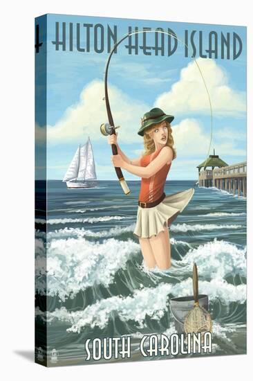 Hilton Head Island, South Carolina - Pinup Surfer Fishing-Lantern Press-Stretched Canvas