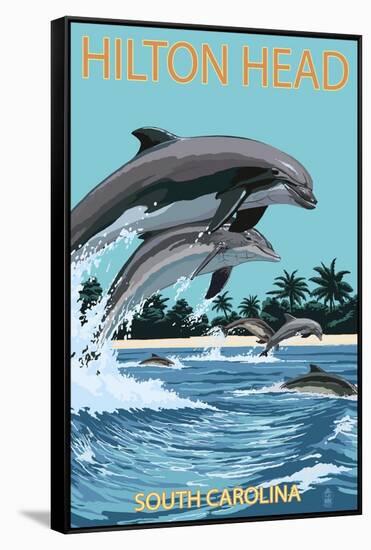 Hilton Head, South Carolina - Dolphins Jumping-Lantern Press-Framed Stretched Canvas