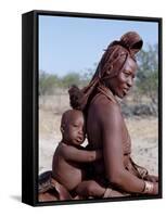 Himba Mother and Child Ride Home on Donkey, Bodies Gleaming from a Red Ochre Mixture, Namibia-Nigel Pavitt-Framed Stretched Canvas