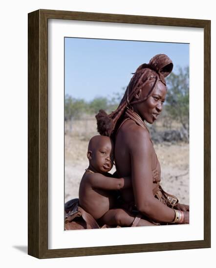 Himba Mother and Child Ride Home on Donkey, Bodies Gleaming from a Red Ochre Mixture, Namibia-Nigel Pavitt-Framed Photographic Print