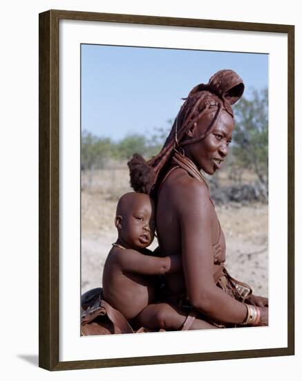 Himba Mother and Child Ride Home on Donkey, Bodies Gleaming from a Red Ochre Mixture, Namibia-Nigel Pavitt-Framed Photographic Print