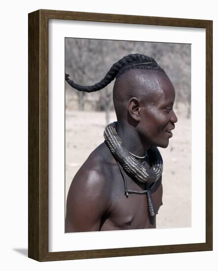 Himba Youth Has His Hair Styled in a Long Plait, known as Ondatu, Namibia-Nigel Pavitt-Framed Photographic Print