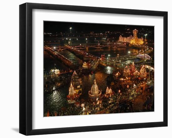 Hindu Devotees Gather to Bathe in River Ganges During the Kumbh Mela Festival in Haridwar, India-null-Framed Photographic Print