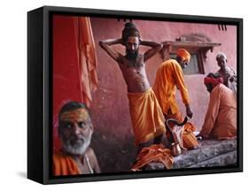 Hindu Holy Men Relax after Taking Holy Dip in River Ganges During the Kumbh Mela Festival in India-null-Framed Stretched Canvas