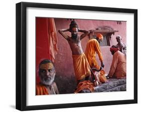 Hindu Holy Men Relax after Taking Holy Dip in River Ganges During the Kumbh Mela Festival in India-null-Framed Photographic Print