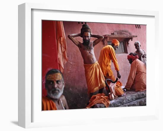 Hindu Holy Men Relax after Taking Holy Dip in River Ganges During the Kumbh Mela Festival in India-null-Framed Photographic Print