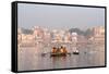 Hindu Pilgrims on Boat in the Ganges River, Varanasi, India-R M Nunes-Framed Stretched Canvas