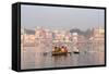 Hindu Pilgrims on Boat in the Ganges River, Varanasi, India-R M Nunes-Framed Stretched Canvas