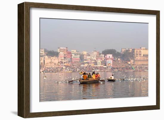 Hindu Pilgrims on Boat in the Ganges River, Varanasi, India-R M Nunes-Framed Photographic Print