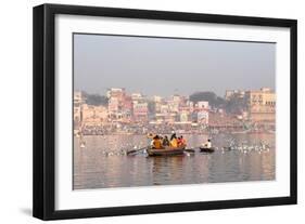 Hindu Pilgrims on Boat in the Ganges River, Varanasi, India-R M Nunes-Framed Photographic Print