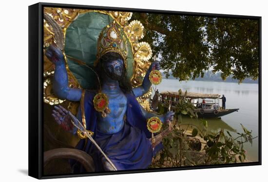 Hindu Statue and the Hooghly River, Part of the Ganges River, West Bengal, India, Asia-Bruno Morandi-Framed Stretched Canvas