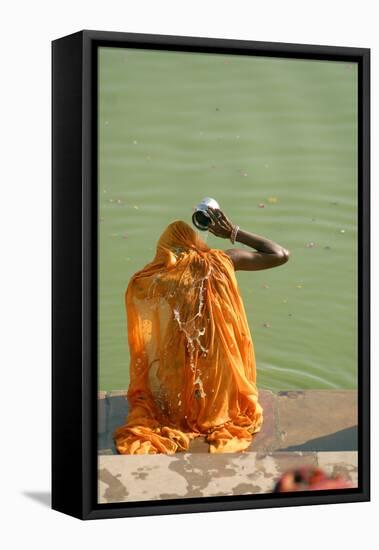 Hindu Woman in a Ritual Cleansing Bath at Pushkar Lake, Rajasthan, Pushkar, India-David Noyes-Framed Stretched Canvas