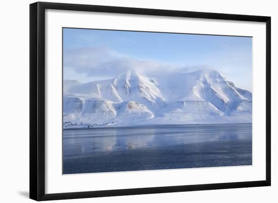 Hiorthfjellet Mountain, Adventfjorden (Advent Bay) Fjord with Sea Ice in Foreground, Svalbard-Stephen Studd-Framed Photographic Print