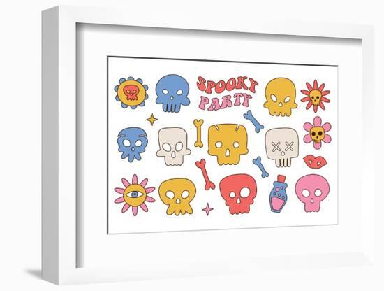 Hippie Groovy Bons and Scull Elements Set. Skeleton Daisy Florals Vector Illustration Collection Is-Svetlana Shamshurina-Framed Photographic Print