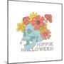 Hippie Halloween Card with Skull with Mushroom and Flowers Isolated on White. Retro Groovy 70S 60S-Svetlana Shamshurina-Mounted Photographic Print