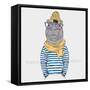 Hippo Hipster in Frock and Scarf - Fashion Animal Illustration-Olga_Angelloz-Framed Stretched Canvas