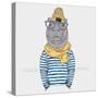 Hippo Hipster in Frock and Scarf - Fashion Animal Illustration-Olga_Angelloz-Stretched Canvas