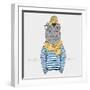 Hippo Hipster in Frock and Scarf - Fashion Animal Illustration-Olga_Angelloz-Framed Art Print