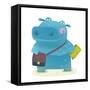 Hippopotamus Kid Student with Book and Bag Going to School. Happy Fun Watercolor Style Pupil Animal-Popmarleo-Framed Stretched Canvas