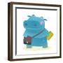 Hippopotamus Kid Student with Book and Bag Going to School. Happy Fun Watercolor Style Pupil Animal-Popmarleo-Framed Art Print