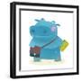 Hippopotamus Kid Student with Book and Bag Going to School. Happy Fun Watercolor Style Pupil Animal-Popmarleo-Framed Art Print