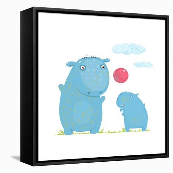 Hippopotamus Parent Playing Ball with a Child. Mammal Parent Animal Cartoon Wildlife, Cheerful Hipp-Popmarleo-Framed Stretched Canvas