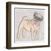 Hipster Pug with Glasses and Bowtie. Cute Puppy Illustration for Children and Kids. Dog Background.-cherry blossom girl-Framed Art Print