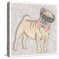 Hipster Pug with Glasses and Bowtie. Cute Puppy Illustration for Children and Kids. Dog Background.-cherry blossom girl-Stretched Canvas