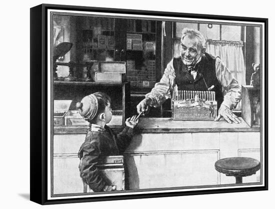 His First Pencil (or Boy and Shopkeeper)-Norman Rockwell-Framed Stretched Canvas