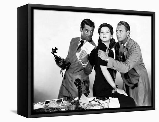 HIS GIRL FRIDAY, 1940 directed by HOWARD HAWKS Cary Grant, Rosalind Russell and Ralph Bellamy (b/w-null-Framed Stretched Canvas